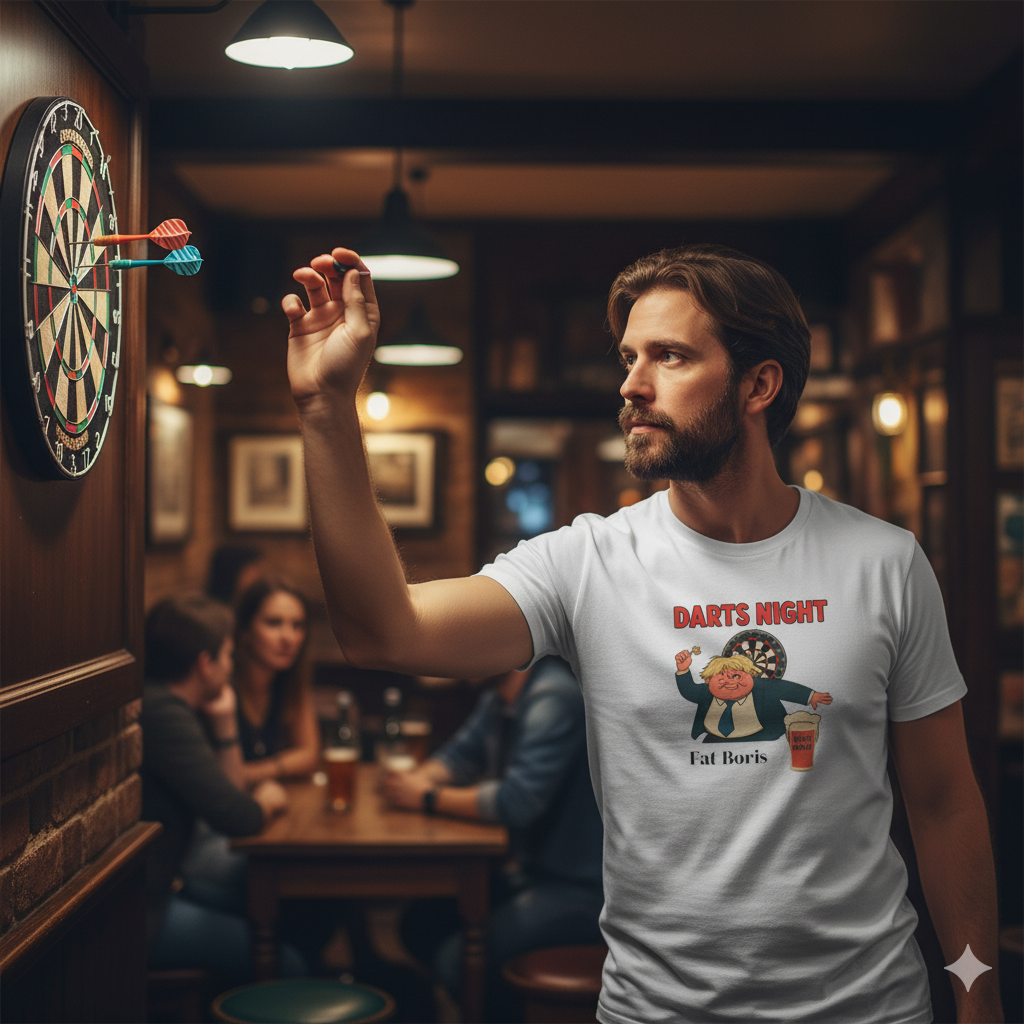Man playing darts in a pub wearing a t-shirt with fat Boris  'Darts Night' design.