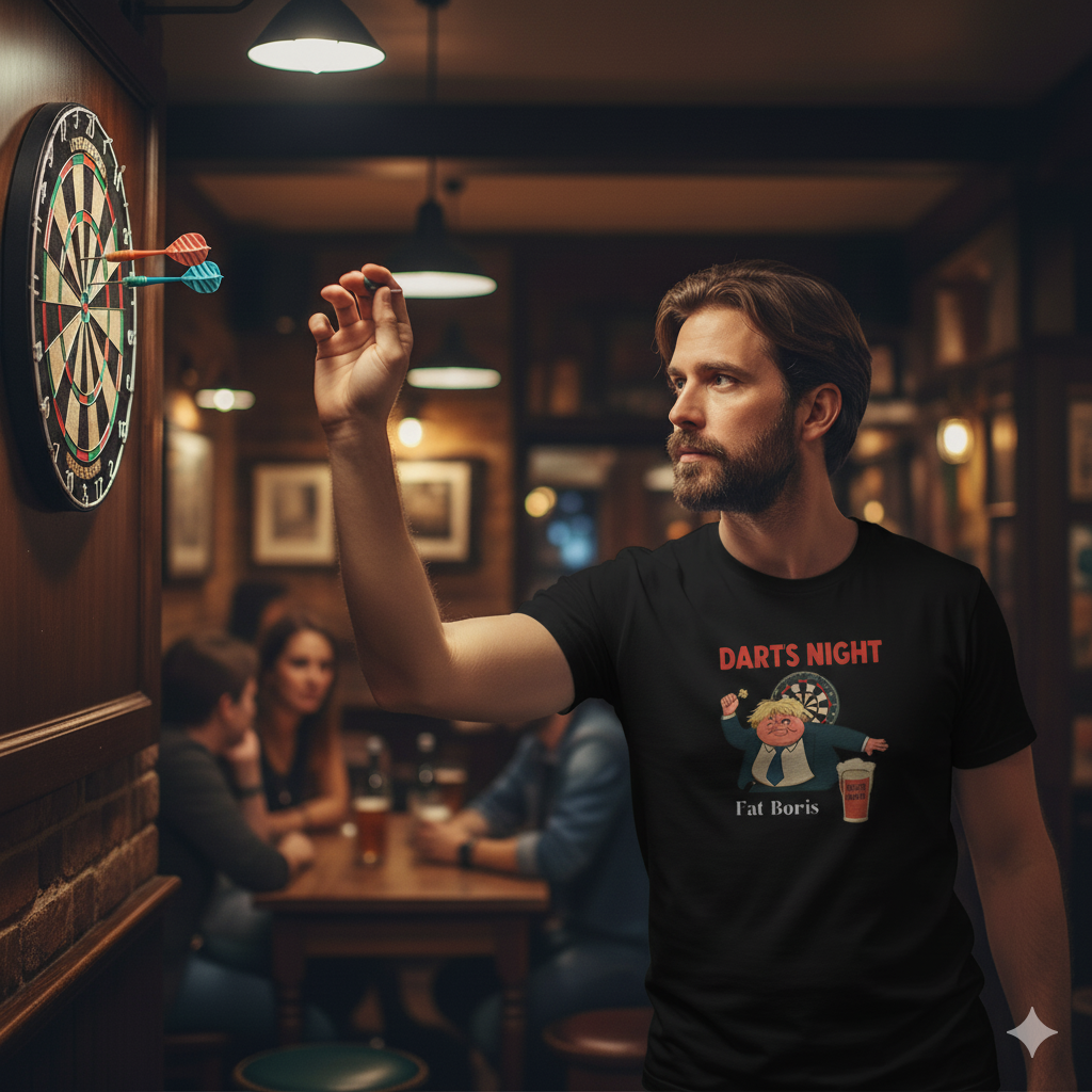 Man playing darts in a pub wearing a Fat Boris 'Darts Night black t-shirt.
