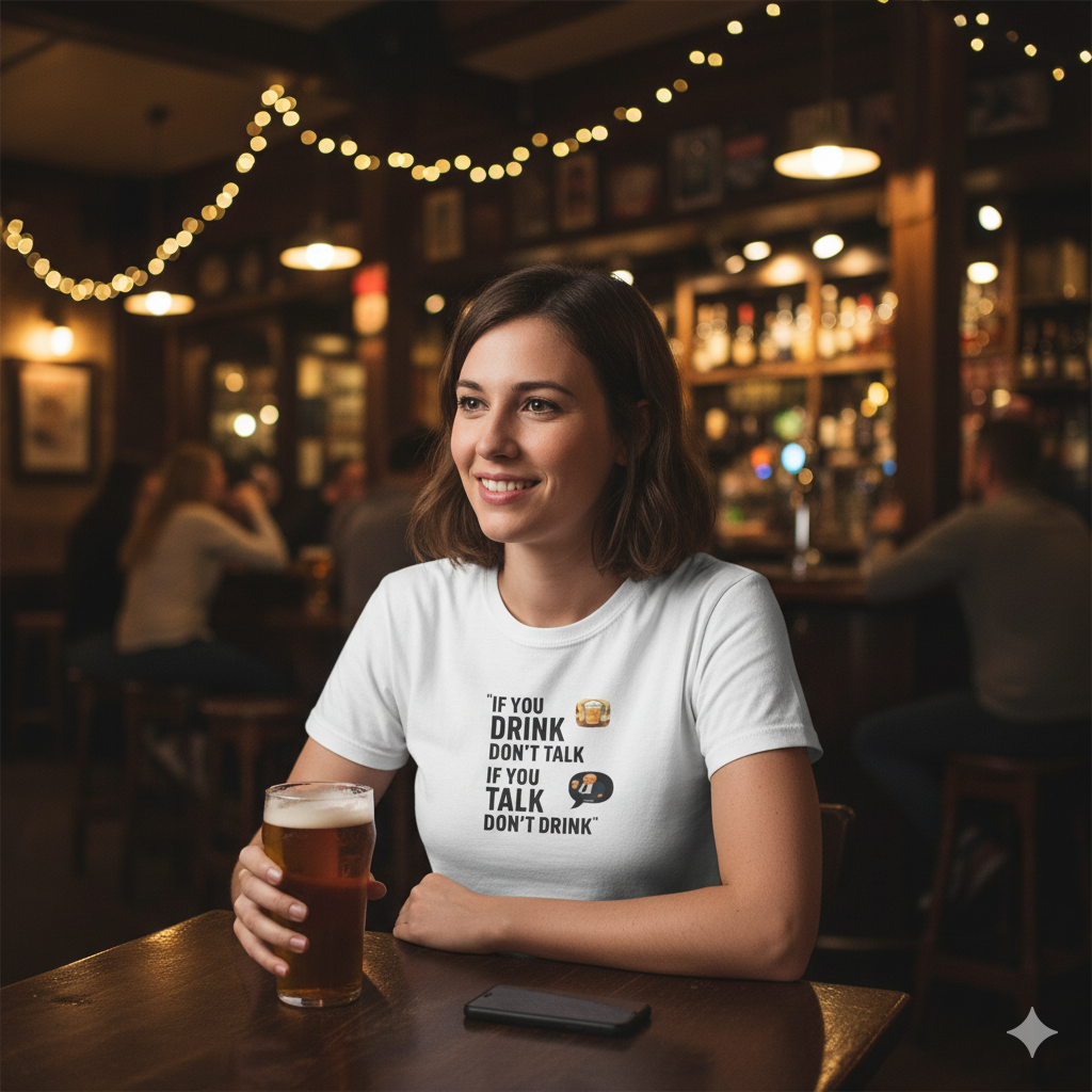 Woman in a bar wearing a t-shirt with a humorous drinking quote fat Boris  “If you drink don’t talk, if you talk don’t drink”, graphic holding a beer.