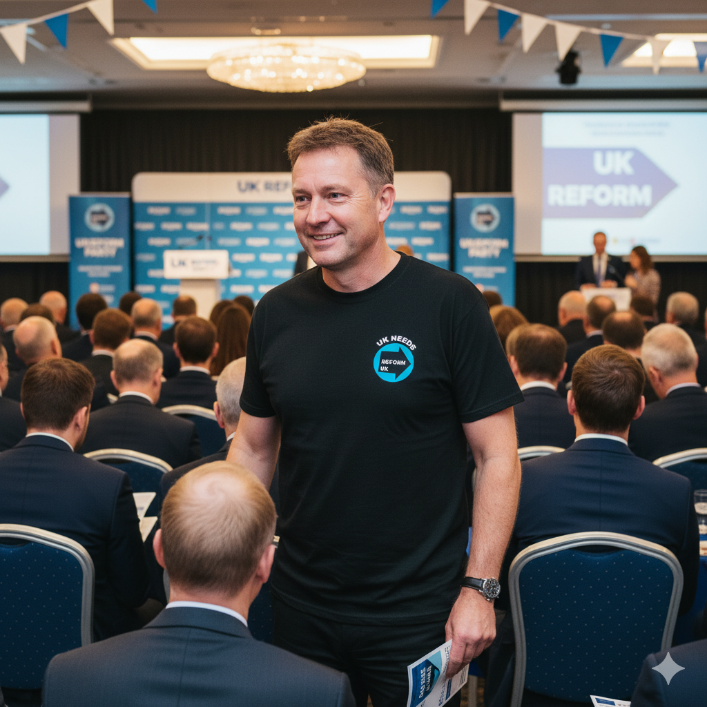 MAN WEARING BLACK t-shirt with UK NEEDS REFORM LOGO, AT A REFORM PARTY MEETING on a BLACK background