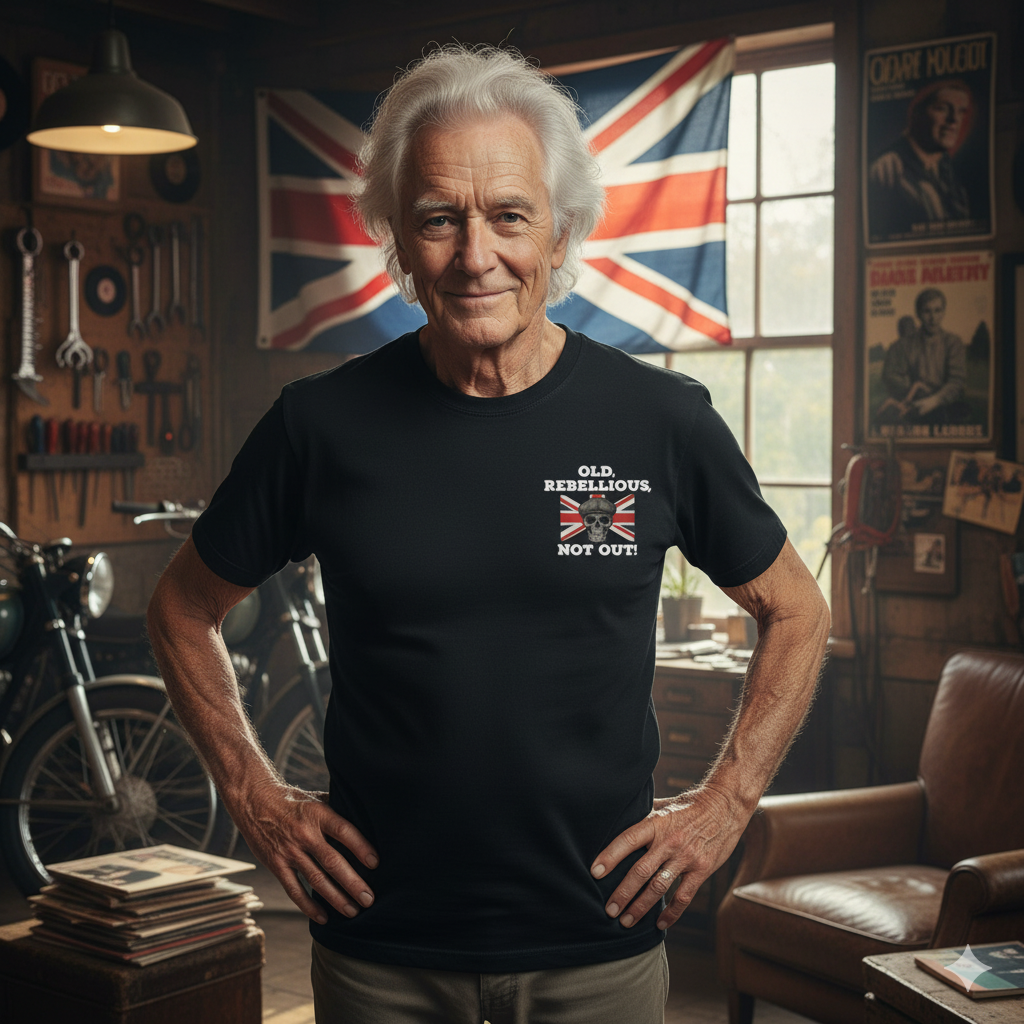 Man wearing a black t-shirt with a British flag design and text old rebellious not out in a room with a motorcycle and flags.