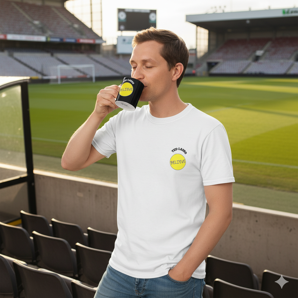Man drinking from a TED LASSO BELIEVE   cup at a FOOTBALL STADIUM