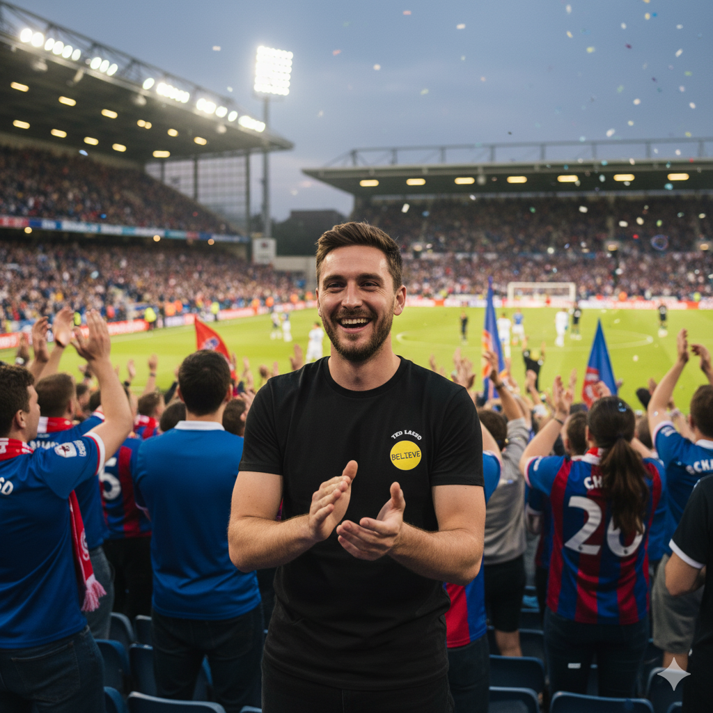 Man wearing a Ted lasso t shirt with believe logo in Richmond AFC stadium filled with fans wearing blue and red jerseys.