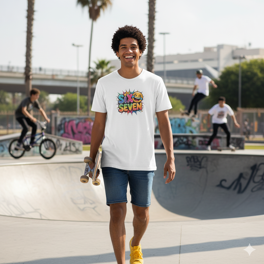 Person wearing a white t-shirt with colourful six seven meme text at a skate park.