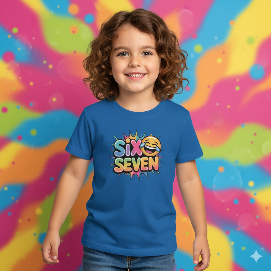 Colourful Kids Tee - Six seven  Design T-Shirt with laughing emoji graphic