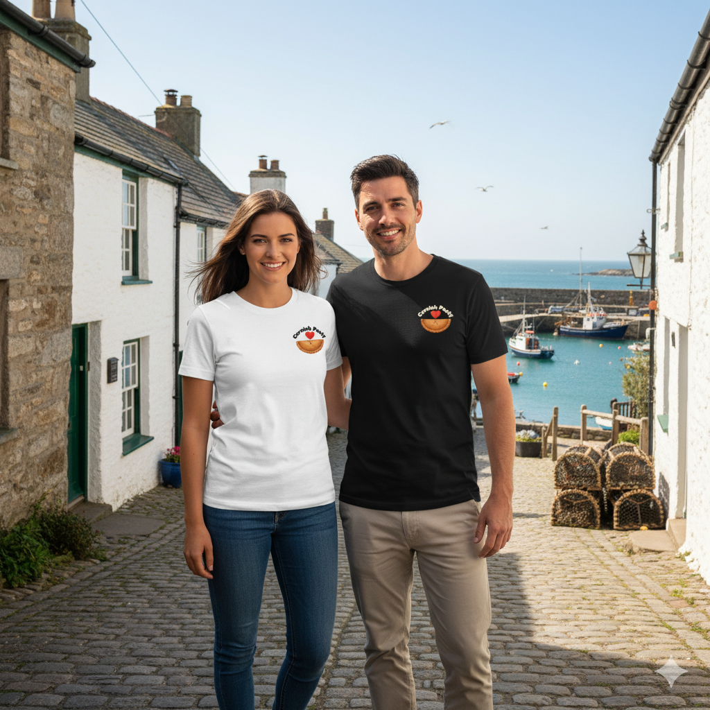 Man and woman wearing black and white t shirts with I love Cornish pasty graphic design standing on a cobbled street with a Cornish fishing village harbour in the background