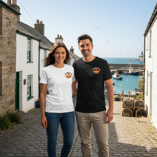 Man and woman wearing black and white t shirts with I love Cornish pasty graphic design standing on a cobbled street with a Cornish fishing village harbour in the background