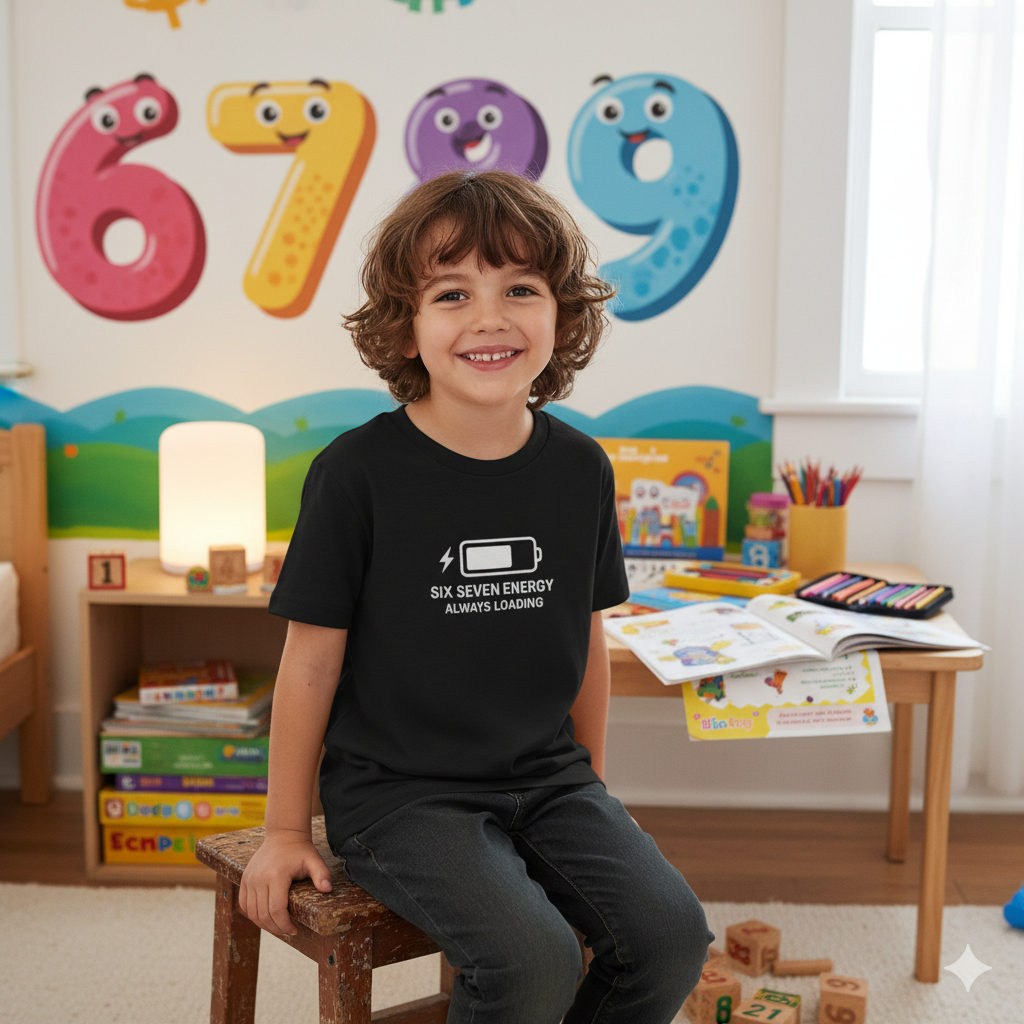 Child sitting on a stool in a classroom setting with colourful numbers on the wall. Wearing a black t shirt with six seven energy always loading battery design
