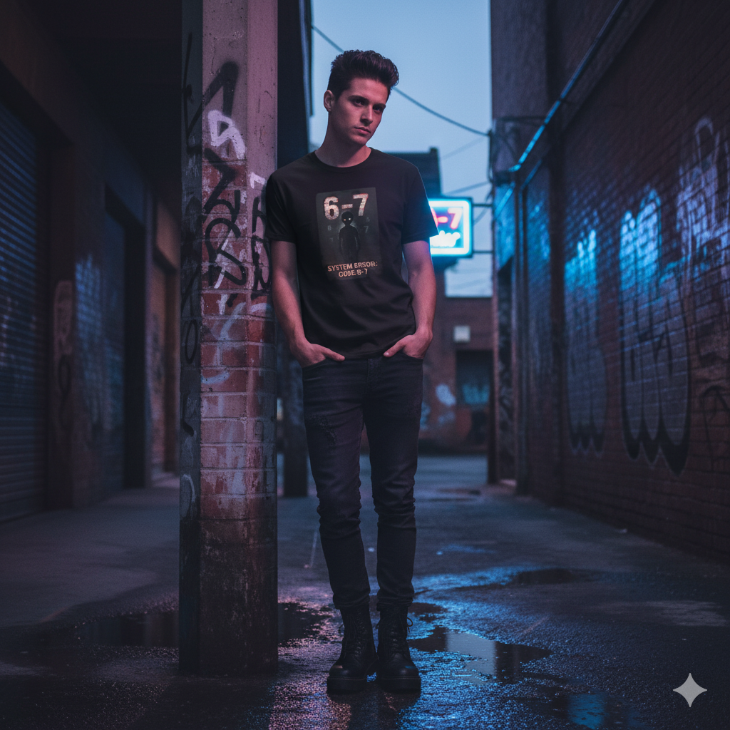 "Man wearing System Error Code 6-7 grunge graphic tee in urban setting"