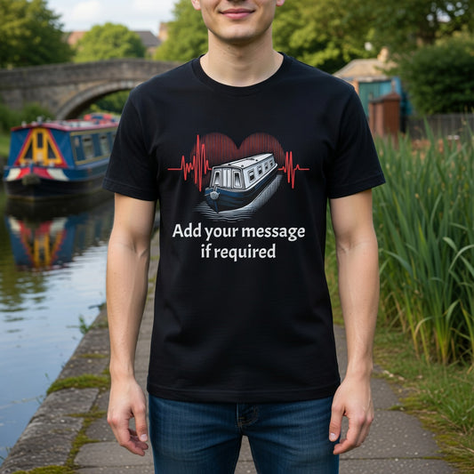 Person wearing a black t-shirt with a canal boat HEARTBEAT ECG  design and text, standing by a canal.