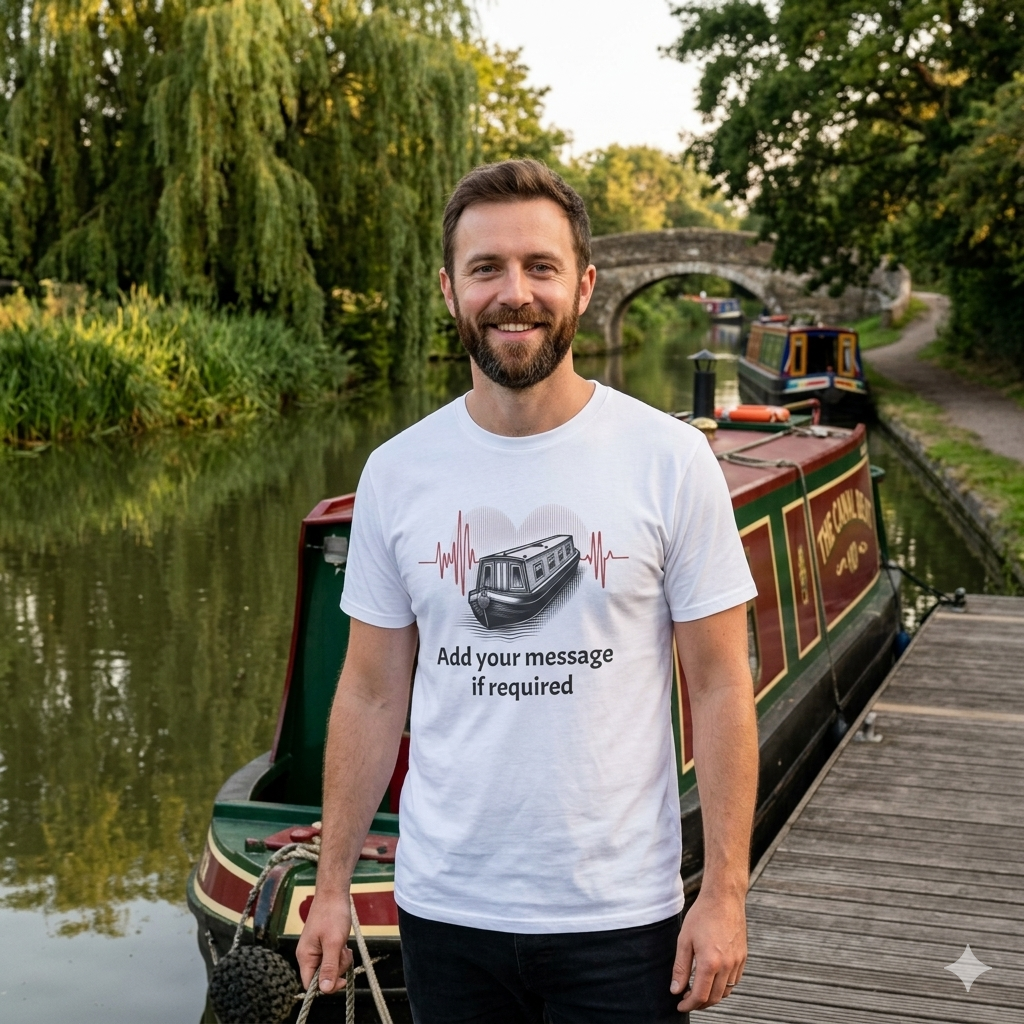Man wearing a white t-shirt with a heart beat ECG design by a canal