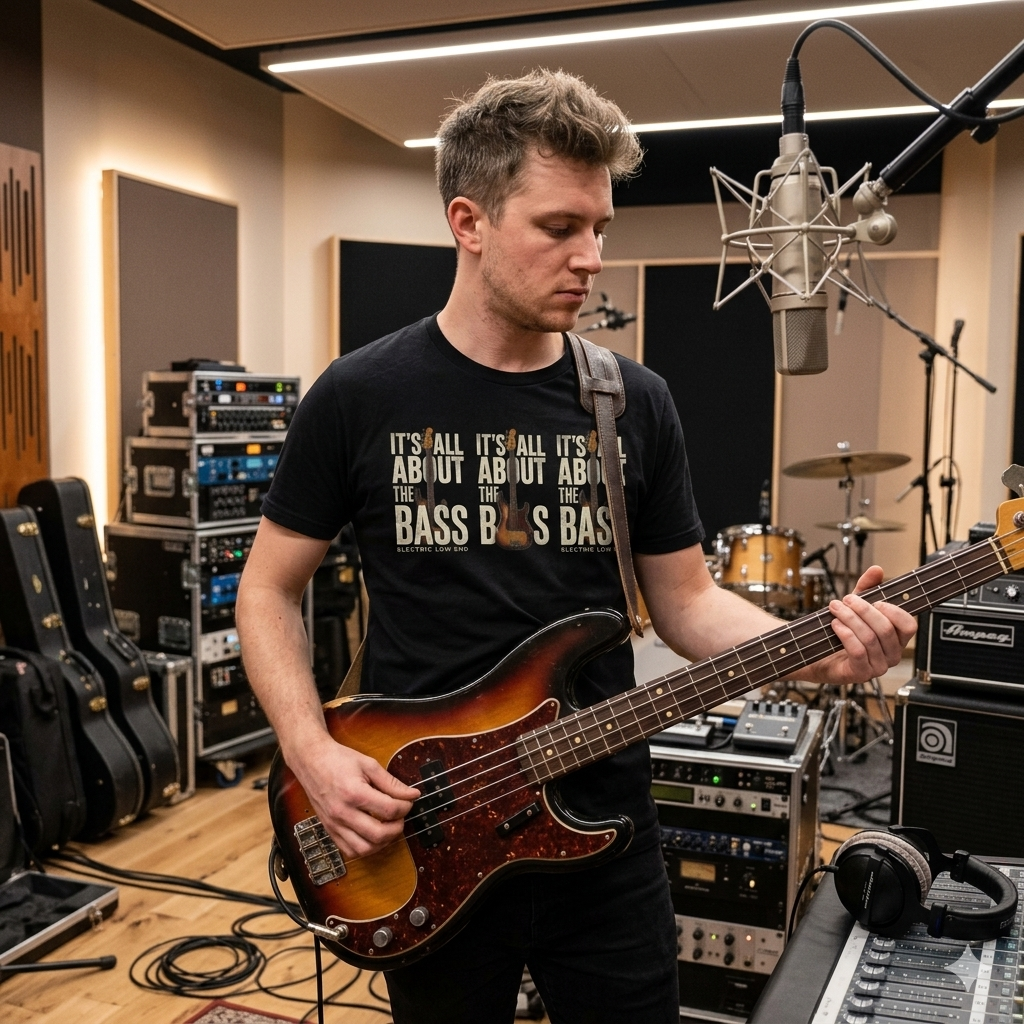 Man wearing a black "It's All About the Bass" vintage graphic t-shirt holding a sunburst P-bass guitar in a recording studio setting.