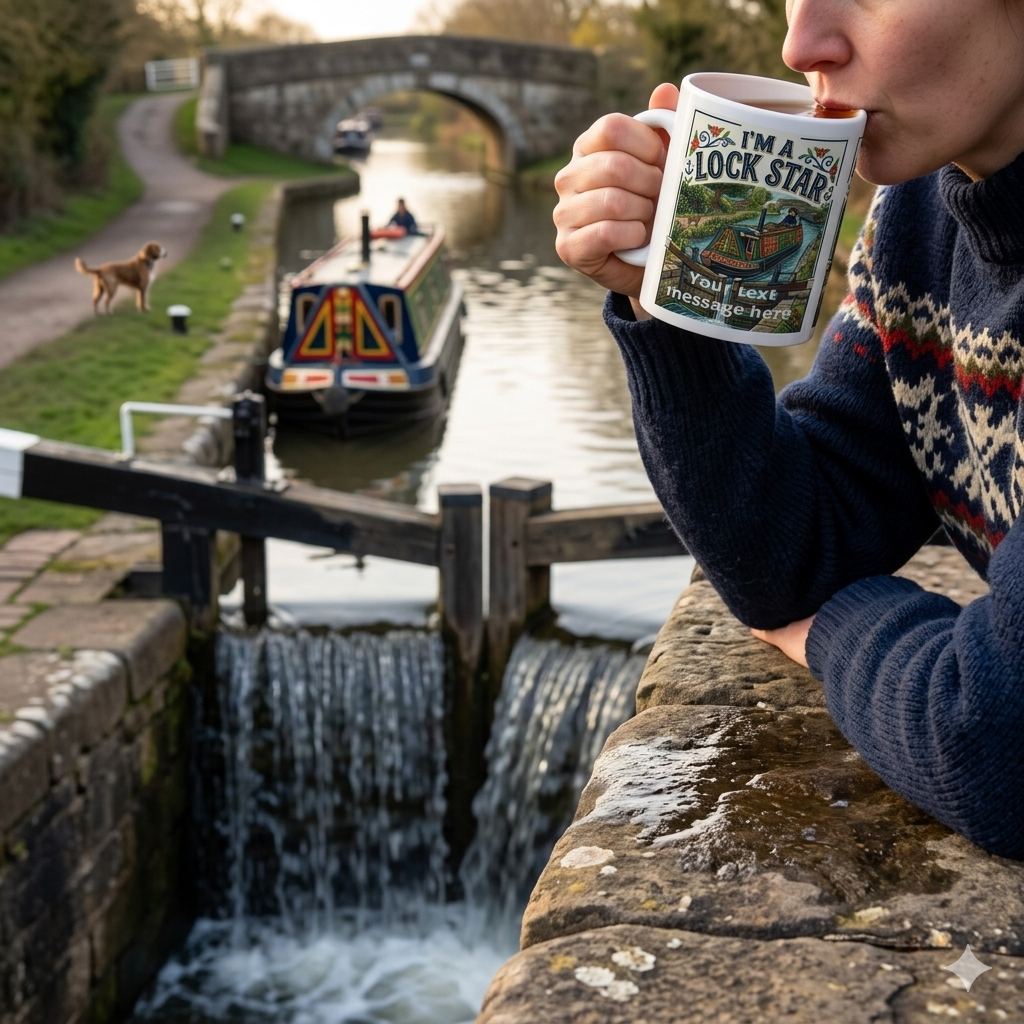 Person drinking from a personalised coffee mug with a scenic canal  lock & narrowboat background
