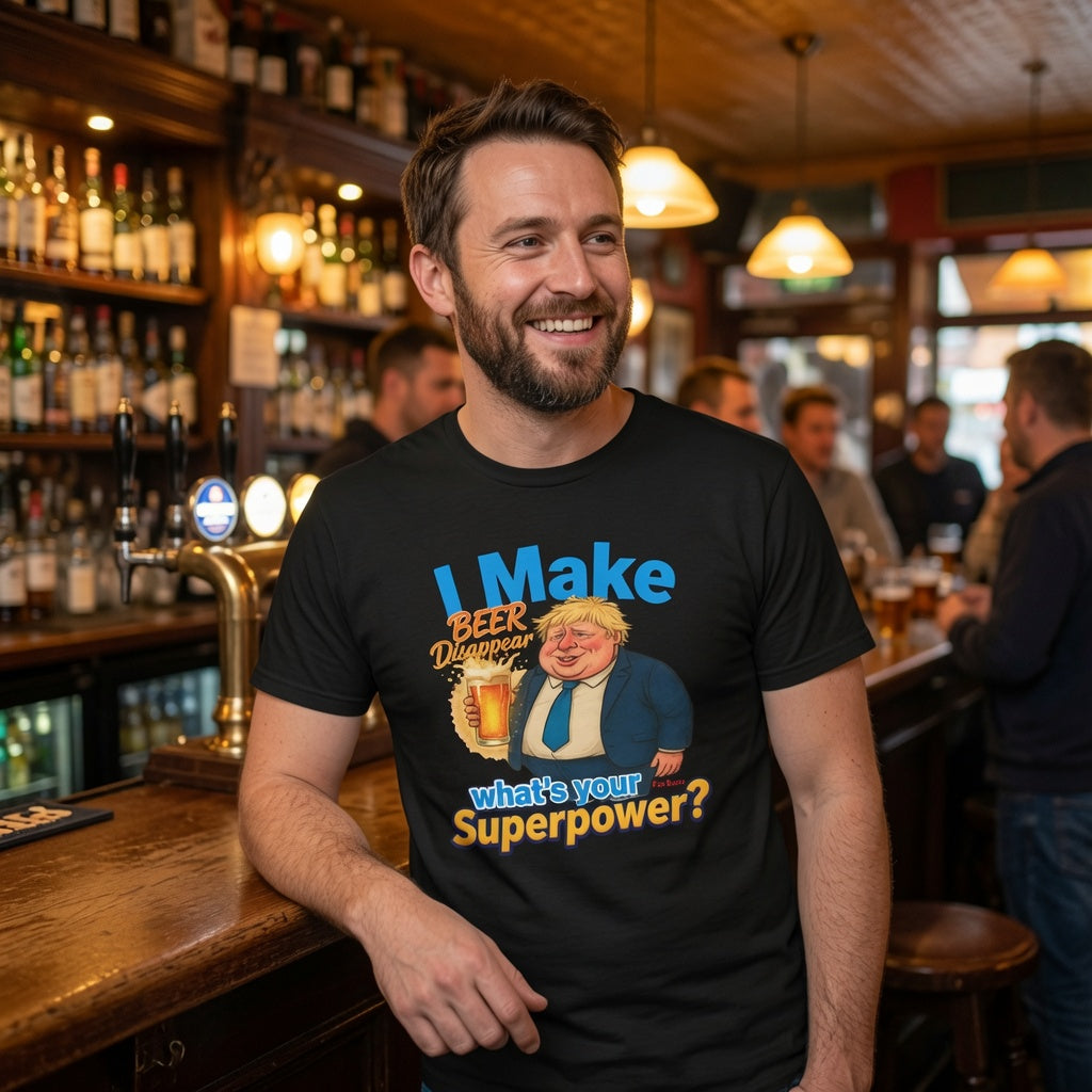 A smiling man standing at a bar wearing a black graphic t-shirt with a cartoon illustration and the text 'I Make Beer Disappear what's your Superpower?'. The background shows a warmly lit, busy pub interior with wooden shelves, bottles, and other patrons.