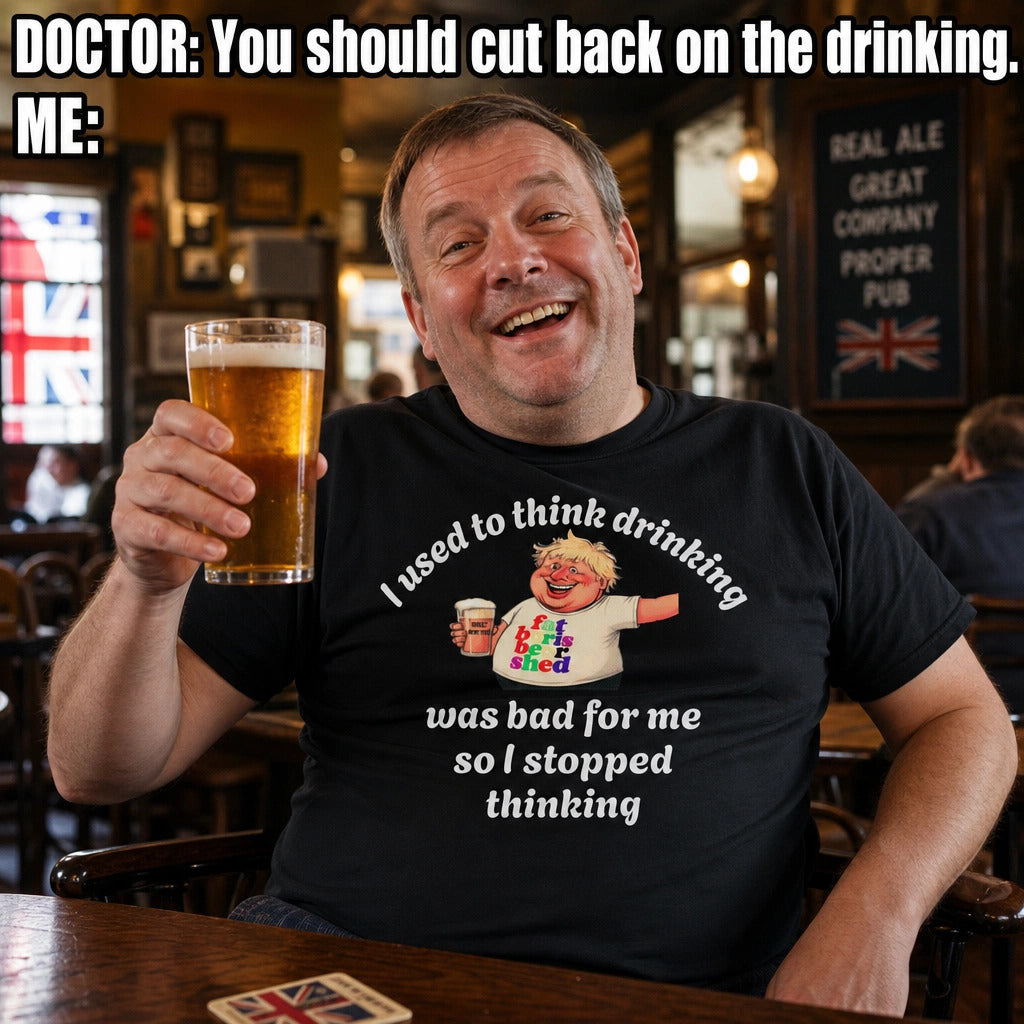 Man in a pub holding a beer, wearing a t-shirt with humorous text about drinking.