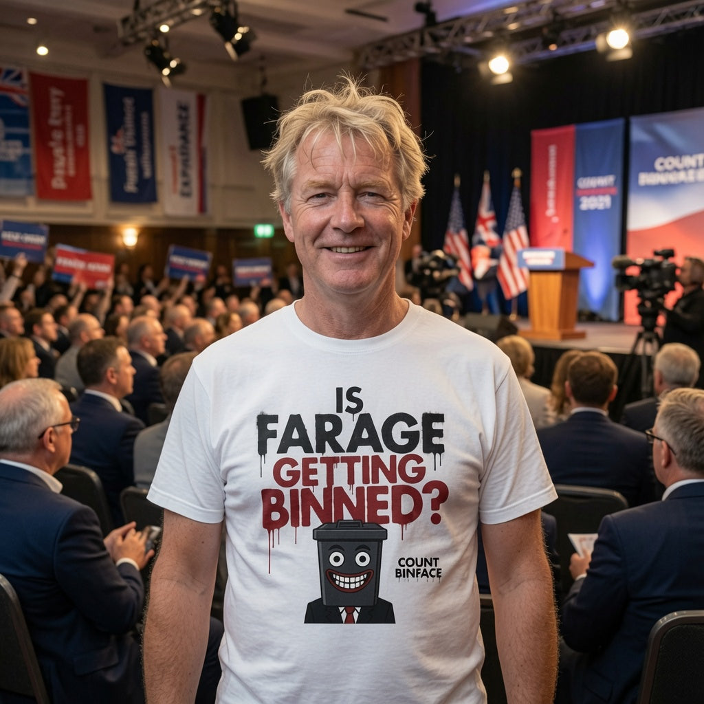 A smiling man stands in a crowded reform event hall wearing a white graphic T-shirt with the text 'IS FARAGE GETTING BINNED?' and a cartoon bin character. The background shows speakers, flags, and stage lighting.