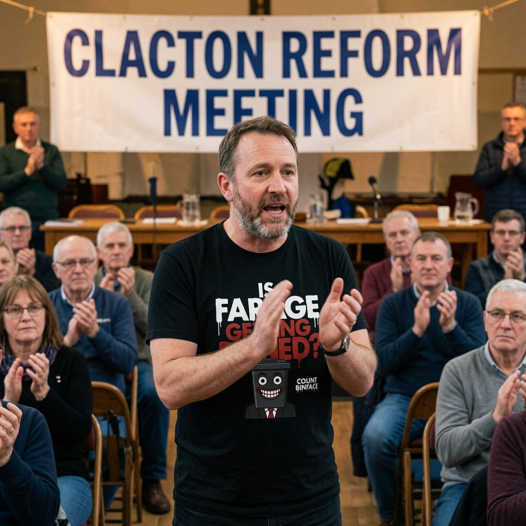 A man in a black graphic t-shirt stands in a hall with an audience clapping behind him, under a banner that reads 'CLACTON REFORM MEETING'. The t-shirt features a white and red text graphic and a small cartoon character.