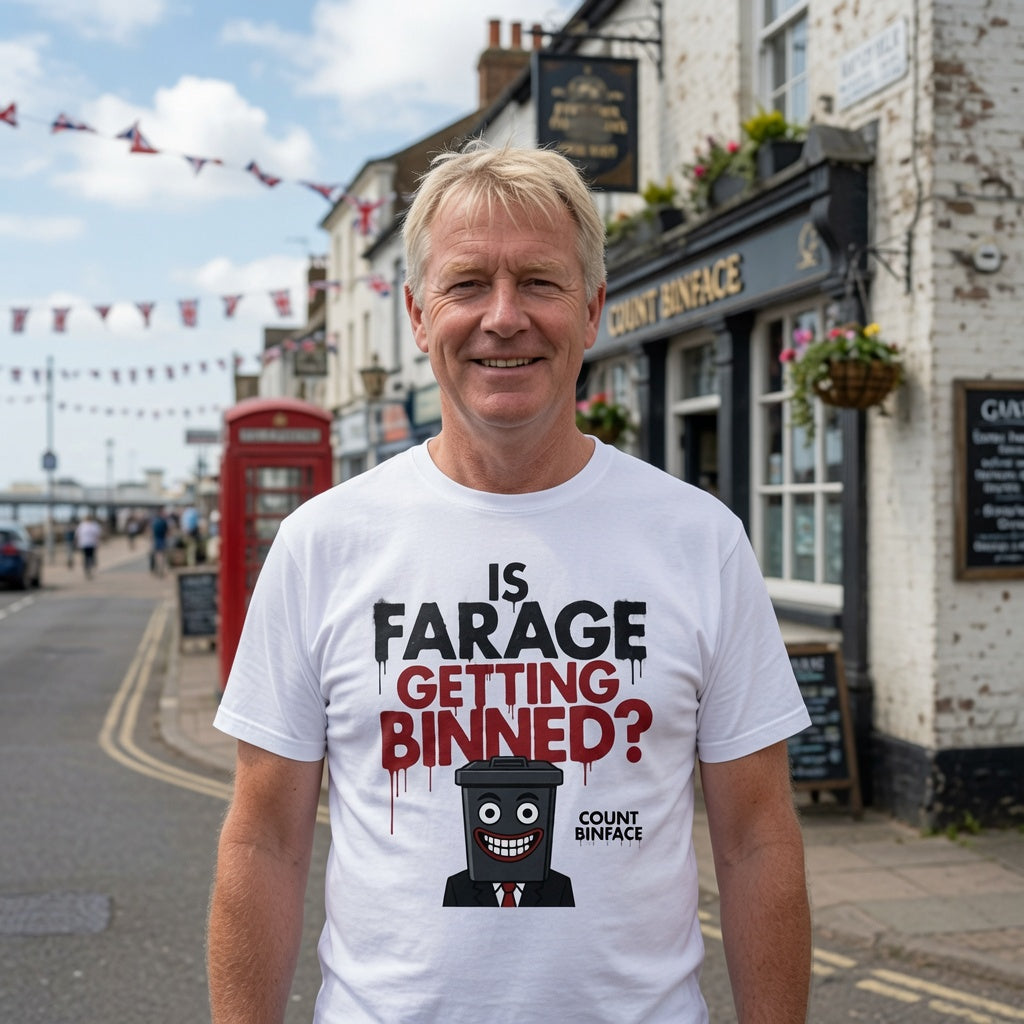 A smiling man stands on a street in front of a shop, in Clacton wearing a white graphic T-shirt with the text 'IS FARAGE GETTING BINNED?' and a cartoon count  binface logo. The background shows a real outdoor environment with buildings, a red phone booth, and street decorations.