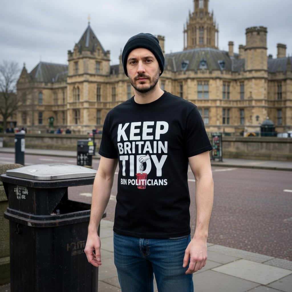 Man wearing a black t-shirt with text bin politicians standing in front of a large building. by a rubbish bin