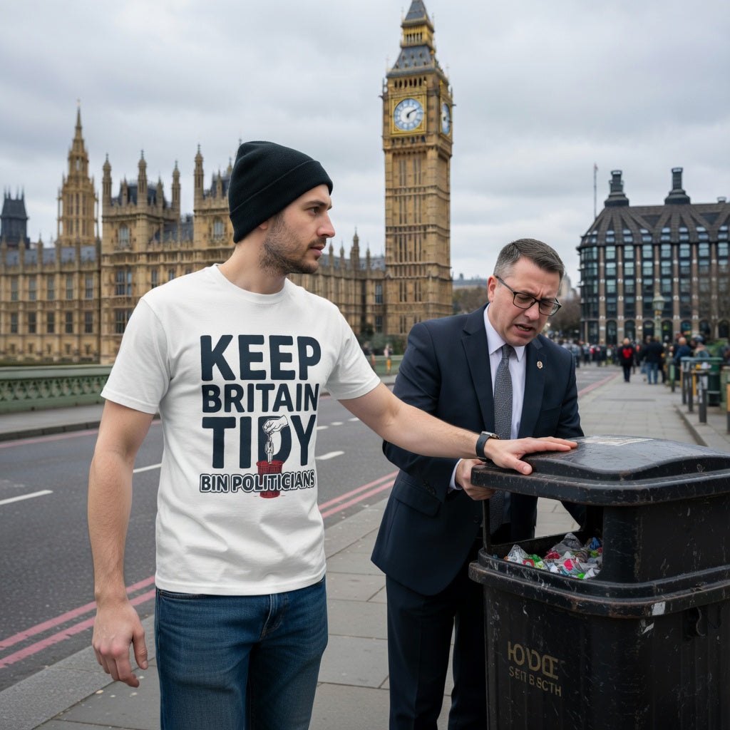 Man wearing white t shirt with keep Britain tidy bin politicians graphic standing outside the houses of parliament talking to kier Starmer by a rubbish bin