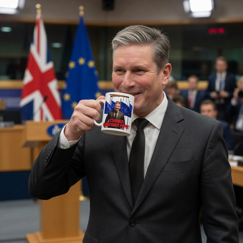 "Starmer Dangerous Puppet 11oz mug – bold political satire showing Keir Starmer as a marionette controlled by EU flags.