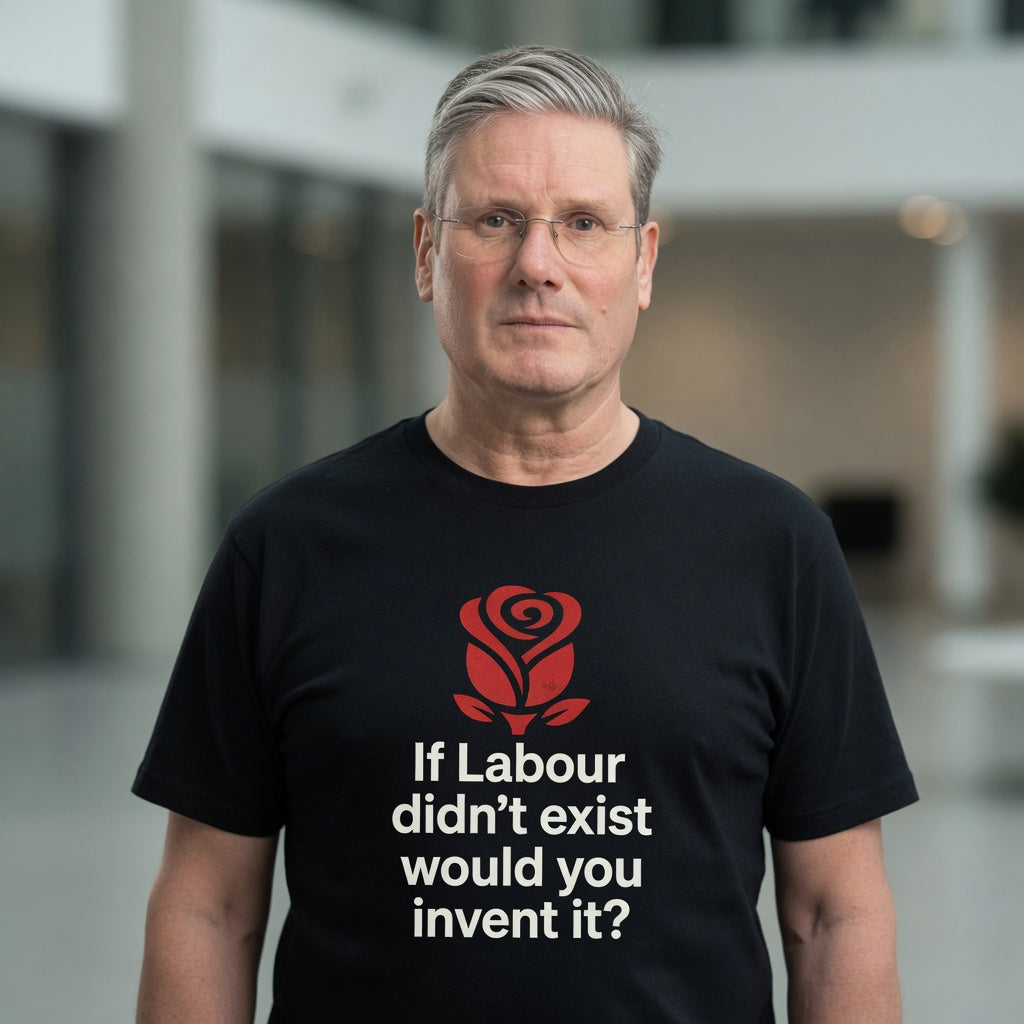 Keir Starmer wearing a black t-shirt with a red rose design and text, IF labour didn't exist would you invent it 