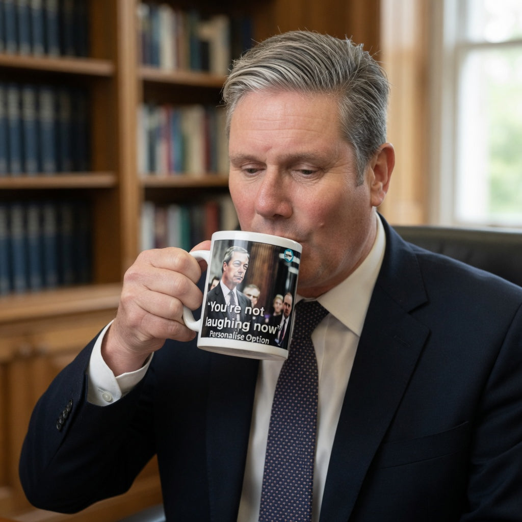 kier starmer holding a nigel farage image  mug, with your not laughing now graphic 
