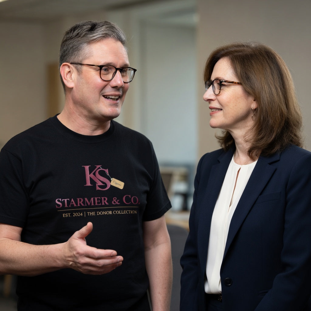 Rachel reeves parody and kier Starmer wearing a black t-shirt with 'Starmer & Co' branding, engaged in conversation. Political satire 