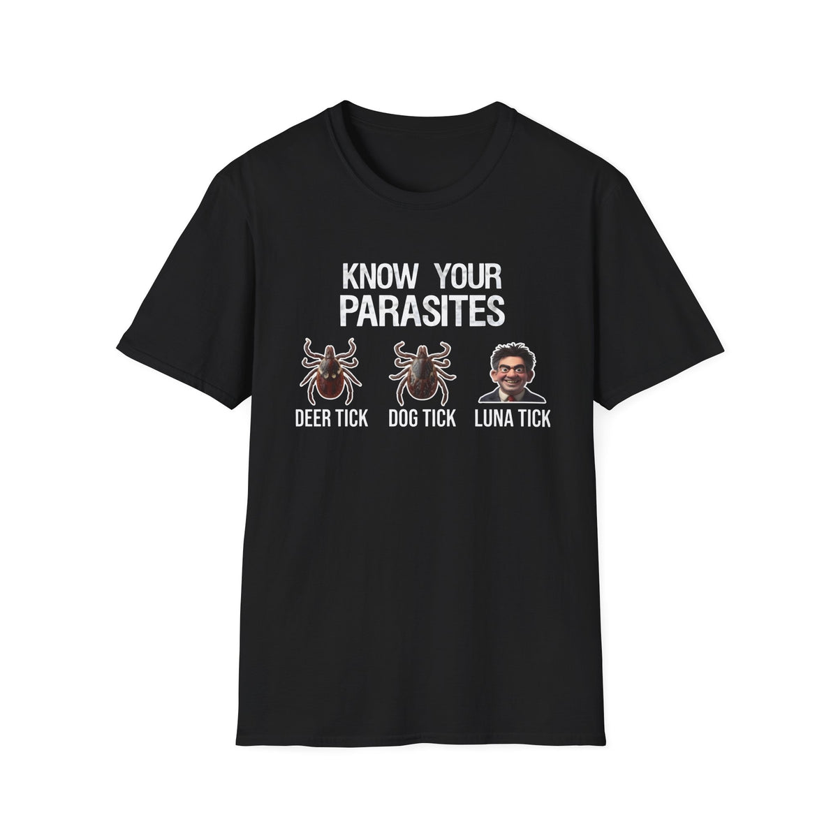 Know Your Parasites Funny Political Satire T-Shirt – Anti Ed Miliband “Luna Tick” Printify