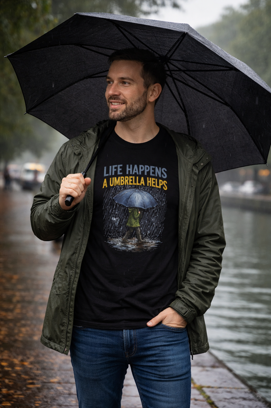 Man holding a black umbrella wearing a t-shirt with a graphic and text. LIFE HAPPENS A UMBRELLA HELPS