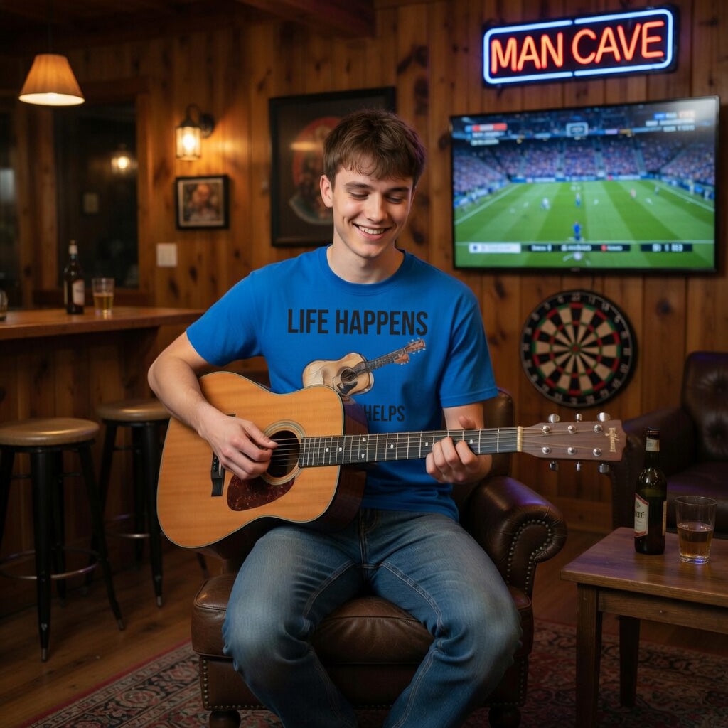 Person playing guitar in a man cave with a TV and 'Man Cave' sign.