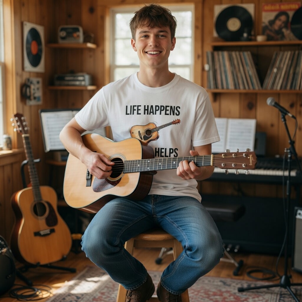 Man playing guitar in a music studio with 'Life Happens, Music Helps' t-shirt