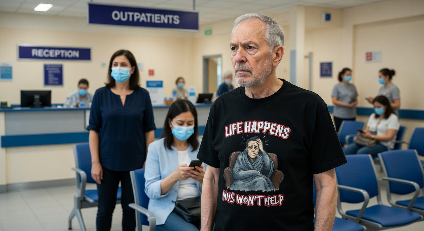 Person wearing a black t-shirt with a graphic  LIFE HAPPENS  NHS WON'T HELP  text in a hospital waiting area.