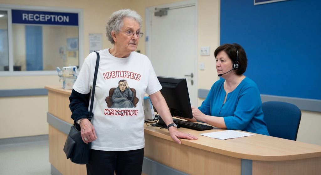 Woman in a hospital waiting area with a receptionist at a desk.