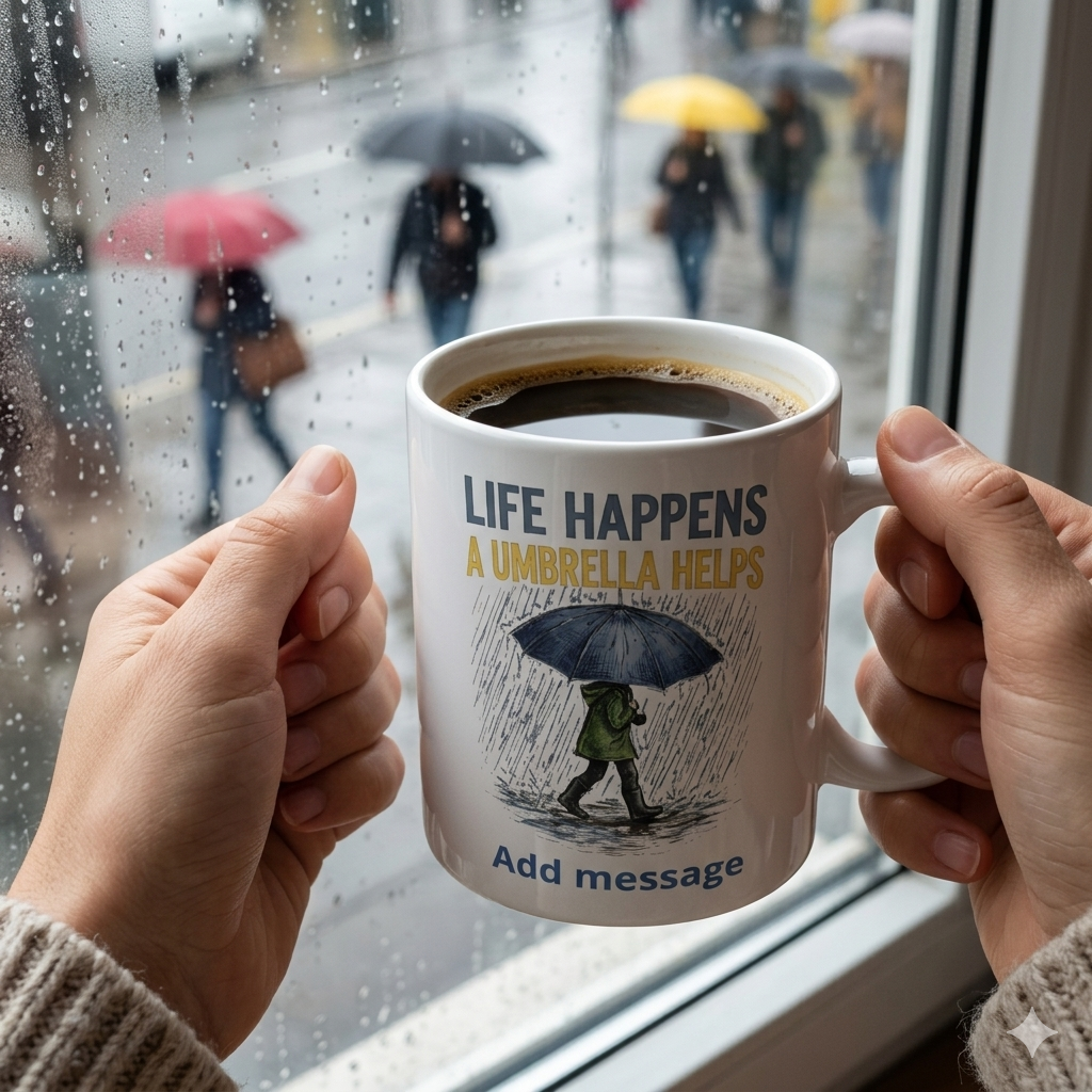 Person holding a mug with 'Life happens, an umbrella helps' text and illustration, rain outside.
