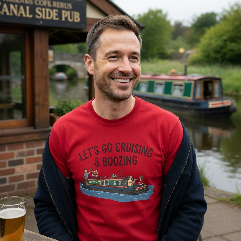 Man wearing a red t shirt with a boat graphic and text, boat graphic and text Let's Go Cruising & Boozing T-Shirt —  Personalised Canal Boat Party Tee  standing by a canal with a boat in the background.    standing by a canal side pub.