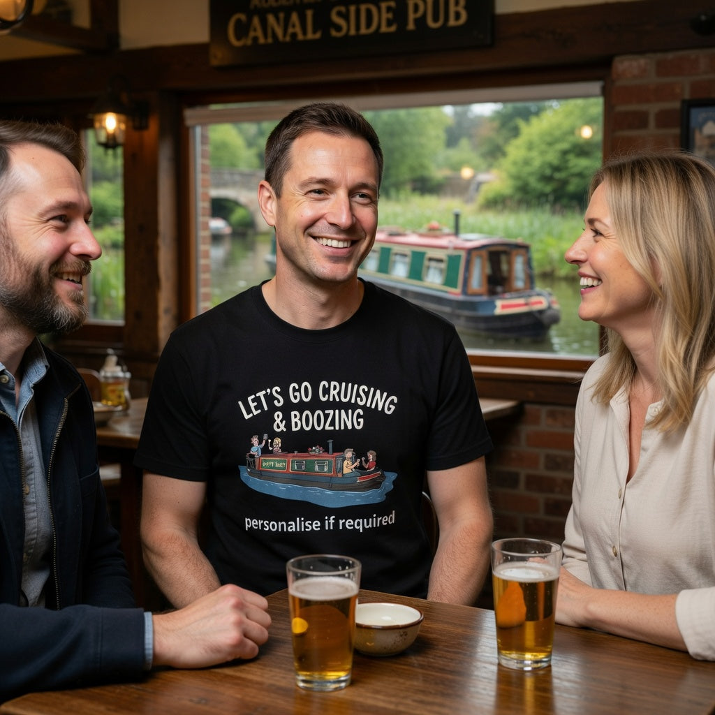 Three people sitting at a bar with drinks, smiling and enjoying each other's company. With man wearing a black t shirt with cruising and boozing graphic