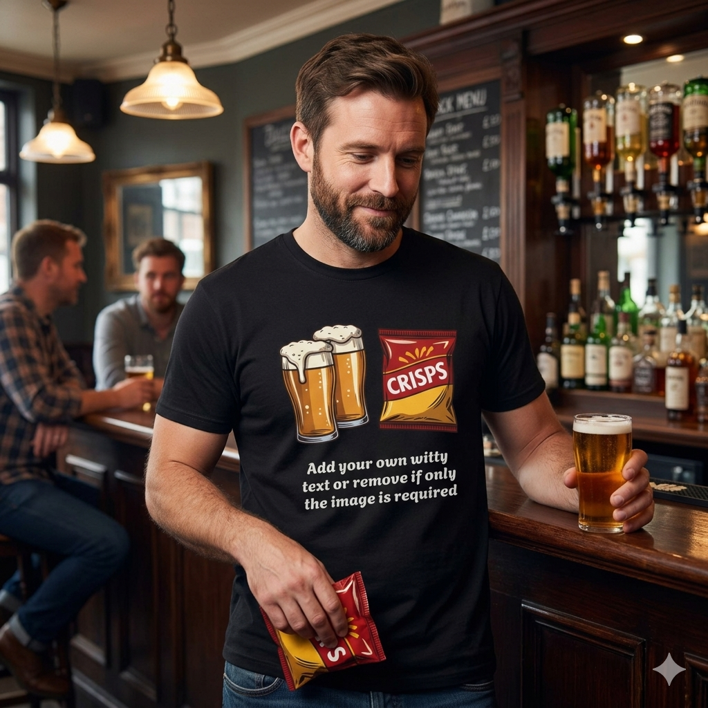 Man in a bar wearing a black t-shirt with TWO PINTS OF LAGER and crisps CUSTOMISED design, holding a glass of beer and a packet of crisps.