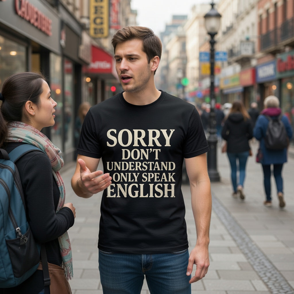 Man wearing a black t-shirt with 'Sorry don't understand, only speak English' text on a city street.