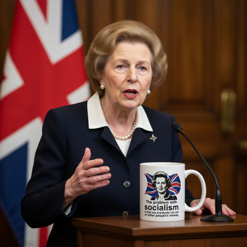 Margaret Thatcher  with a coffee mug with famous quote "The problem with socialism is that you eventually run out of other people's money" on Union Jack background – Conservative gift from Fat Boris Store