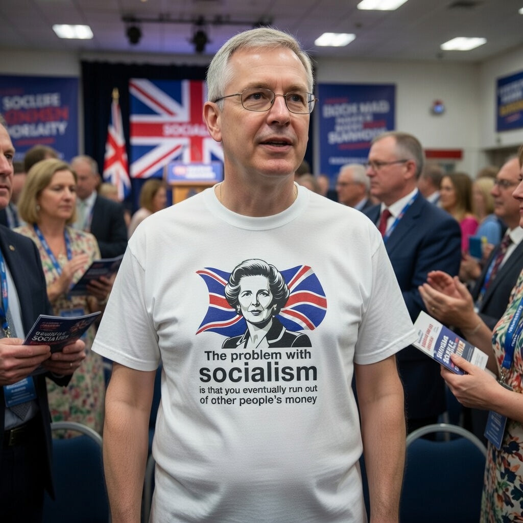 Margaret Thatcher quote white t-shirt "The problem with socialism is that you eventually run out of other people's money" with Union Jack design worn by man at political event