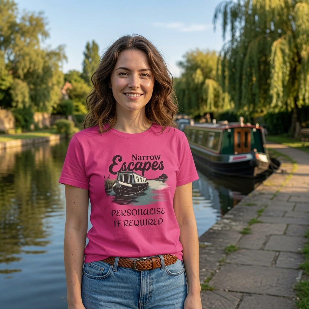 Woman wearing a pink t-shirt with 'Narrow Escapes' design by a canal.