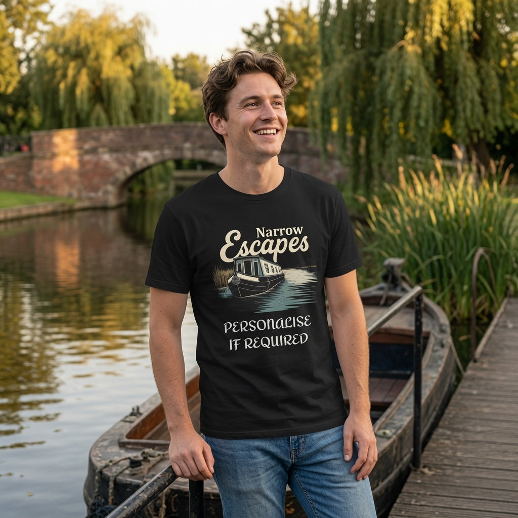 Man wearing a black t-shirt with 'Narrow Escapes' design by a canal with a bridge and greenery.