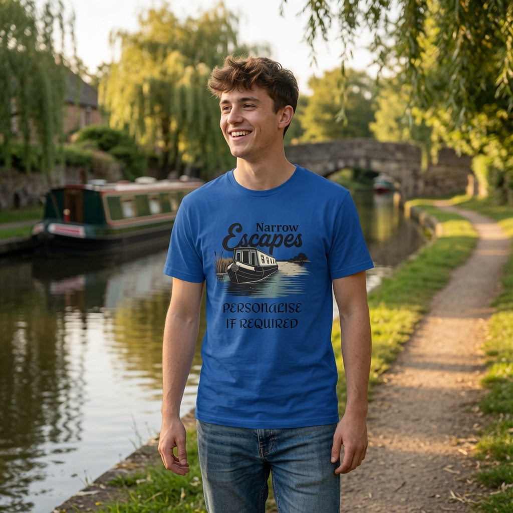 Person wearing a blue t-shirt with 'Narrow Escapes' design by a canal.