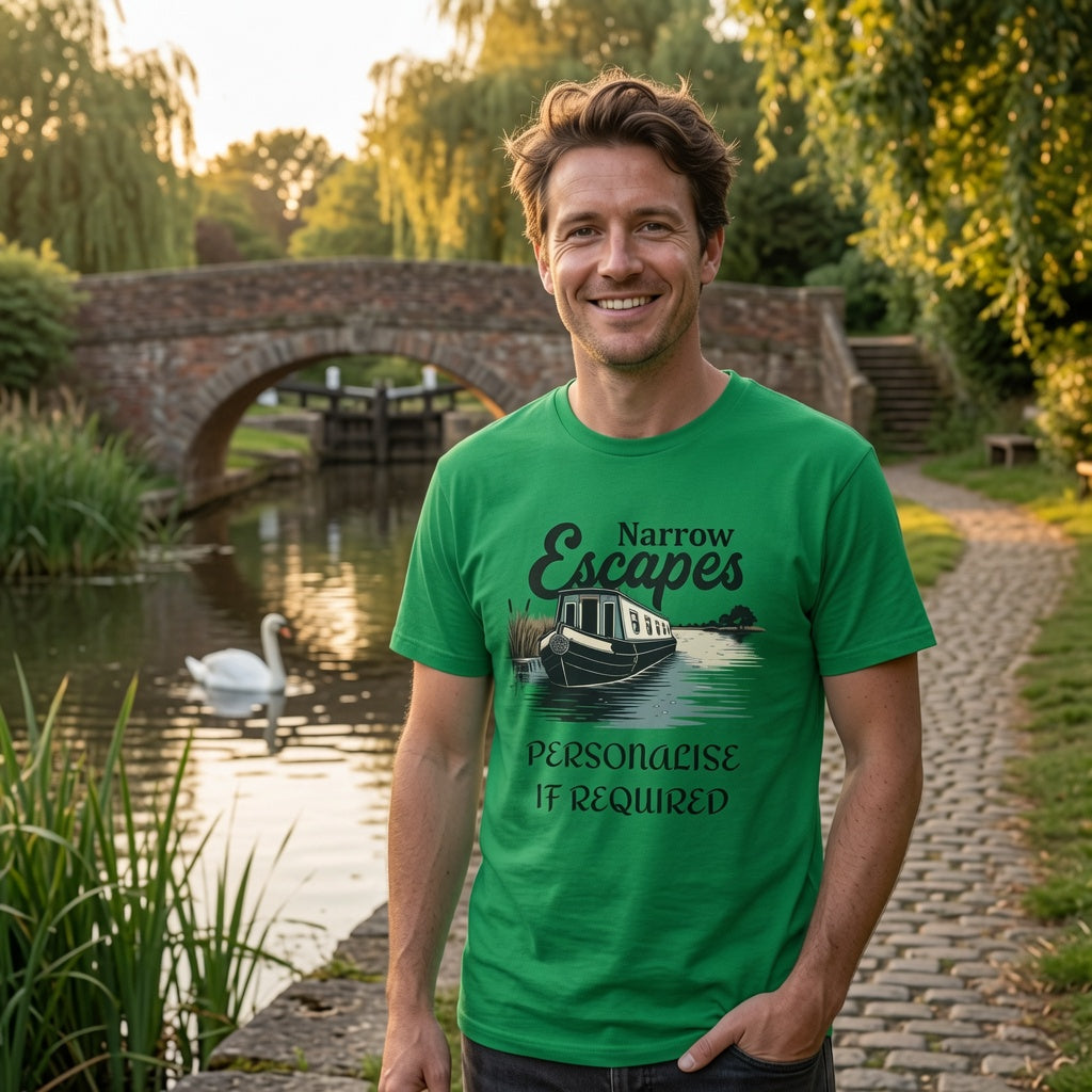 Man wearing a green t-shirt with 'Narrow Escapes' design by a pond with a bridge and swan.