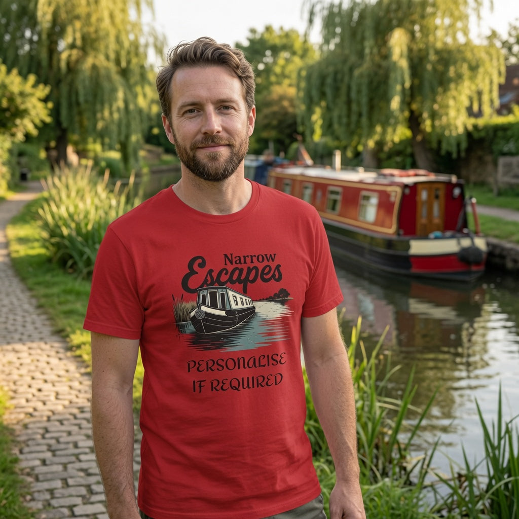 Man wearing a red t-shirt with a boat graphic  narrow escapes channel four and personalised text by a canal.