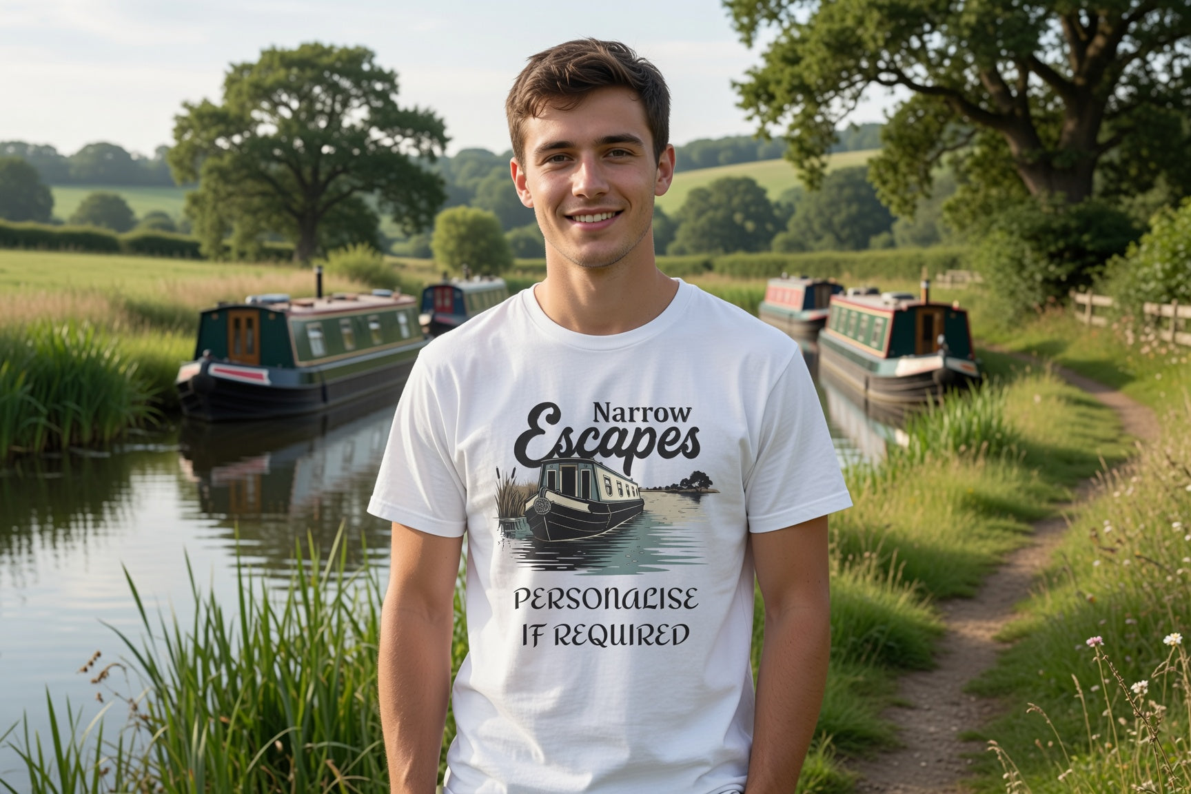 Person wearing a 'Narrow Escapes' t-shirt by a canal with boats and greenery in the background