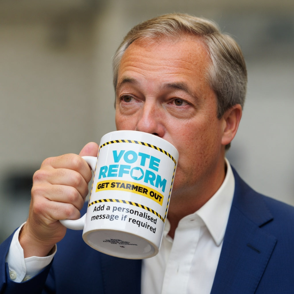 NIGEL FARAGE DRINKING FROM WHITE COFFEE MUG WITH VOTE REFORM GET STARMER OUT GRAPHIC CUSTOMISE OPTION