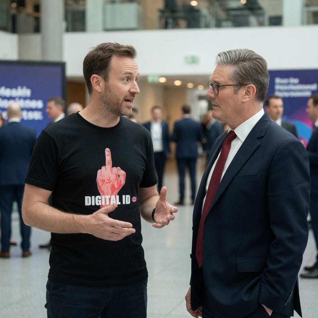 MAN WEARING BLACK T SHIRT WITH  NO TO DIGITAL ID GRAPHIC TALKING TO KIER STARMER