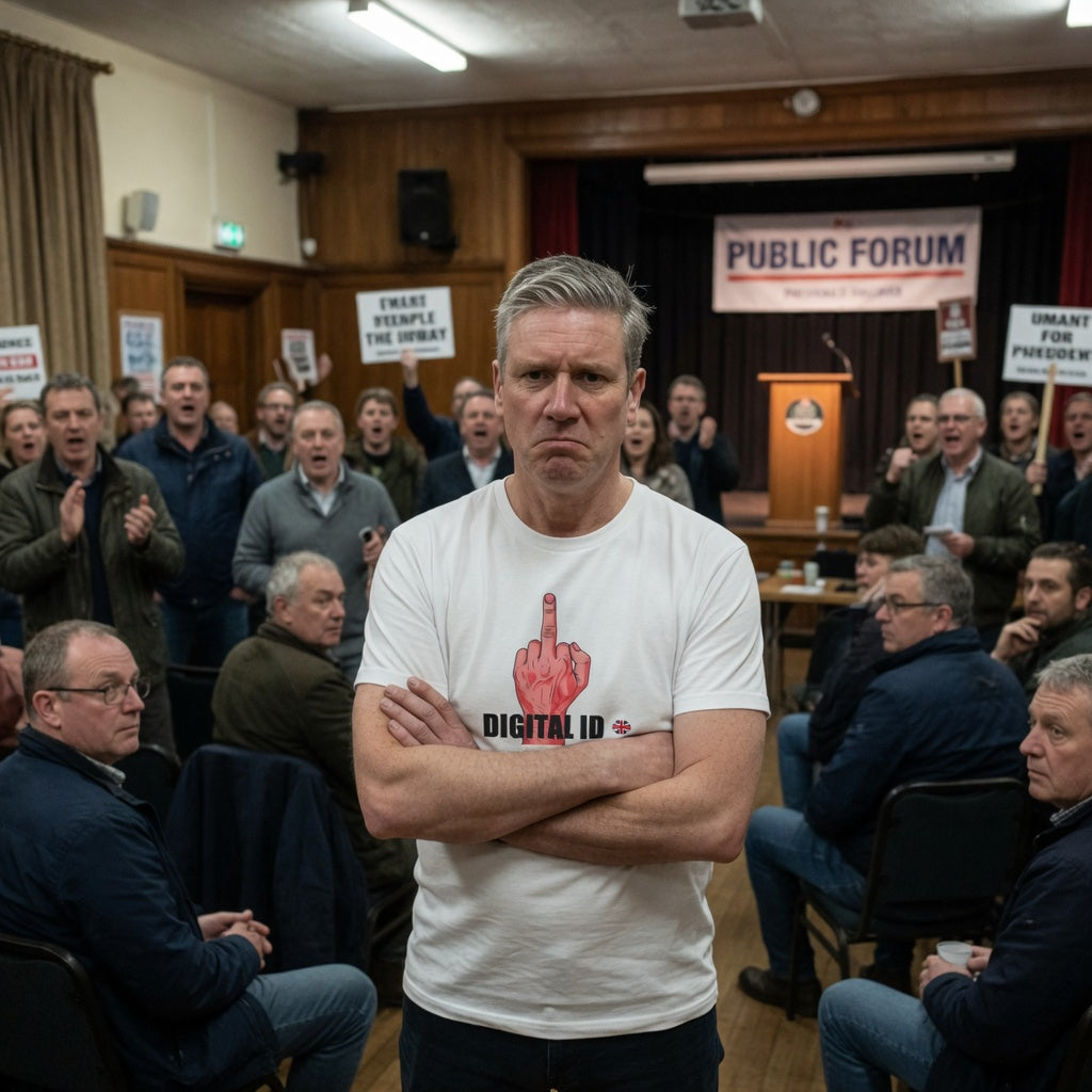 Man in a white t-shirt with a graphic design NO TO DIGITAL ID  at a public forum with attendees holding signs.